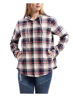 ZENTHACE Women's Hooded Plaid Flannel Shirts Boyfriend Flannel Shirt Jacket,Zip Up Flannel Hoodie