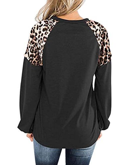 LEIYEE Womens Leopard Print Long Sleeve Shirts Fall Casual Crewneck Color Block Tops Sweatshirts