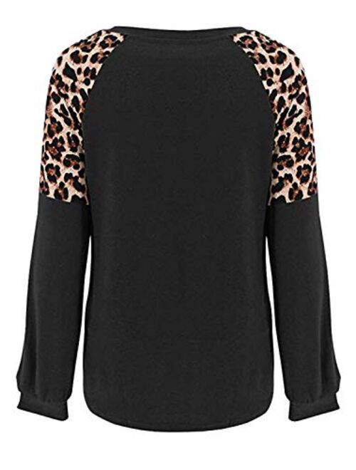 LEIYEE Womens Leopard Print Long Sleeve Shirts Fall Casual Crewneck Color Block Tops Sweatshirts