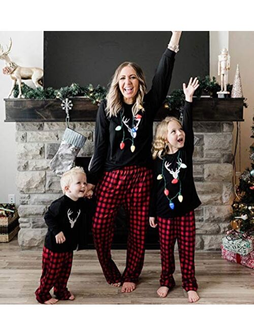 IFFEI Matching Family Pajamas Sets Christmas PJ's with Deer Long Sleeve Tee and Plaid Pants Loungewear