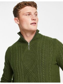 cable knit lambswool half zip sweater in khaki