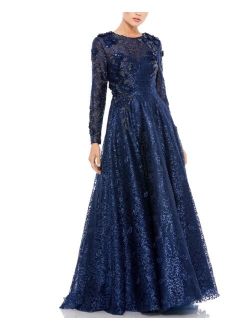 Long-Sleeve Embellished Ball Gown