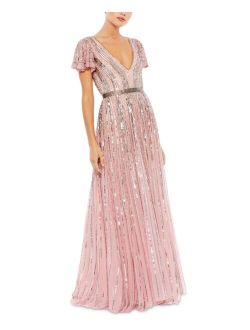 Short-Sleeve Sequined Gown