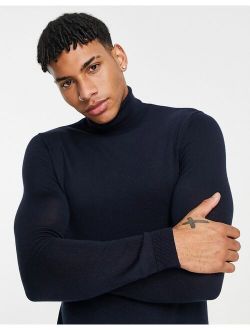 muscle fit merino wool roll neck sweater in navy