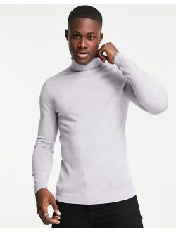 muscle fit merino wool roll neck sweater in light gray
