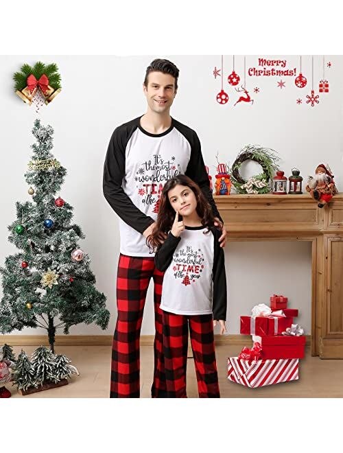 Matching Christmas Family Pajamas Set, Holiday Cute Print Top and Plaid Pants Pjs Set for Women, Men, Kids, Couples