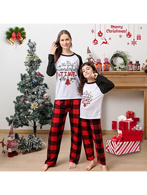 Matching Christmas Family Pajamas Set, Holiday Cute Print Top and Plaid Pants Pjs Set for Women, Men, Kids, Couples