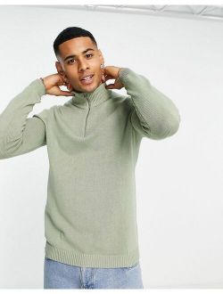 midweight half zip cotton sweater in sage green