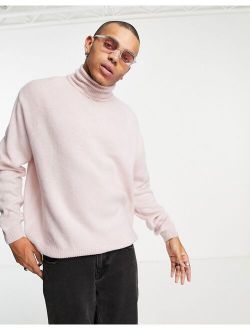 fluffy knit roll neck sweater in pink