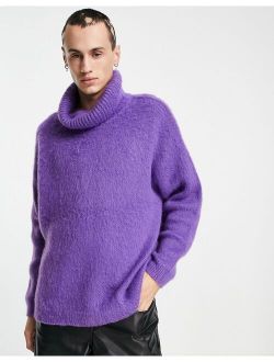 oversized fluffy knit roll neck sweater in purple