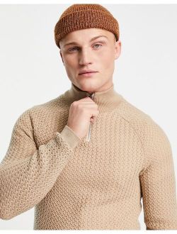 muscle fit textured knit half zip sweater in beige
