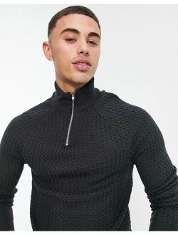 muscle fit textured knit half zip sweater in charcoal