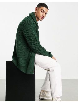 heavyweight fisherman ribbed zip up sweater in green