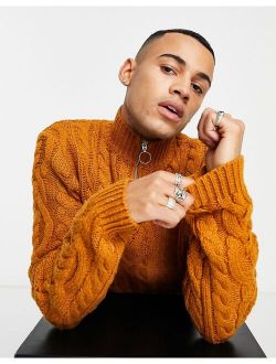 heavyweight cable knit half zip sweater in mustard
