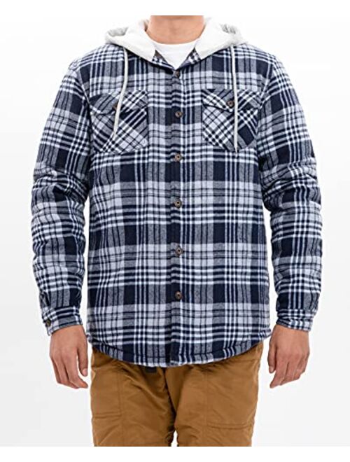 ZENTHACE Men's Quilted Lined Button Down Plaid Flannel Shirt Jacket with Hood