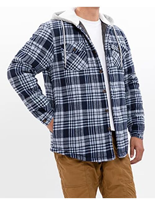 ZENTHACE Men's Quilted Lined Button Down Plaid Flannel Shirt Jacket with Hood