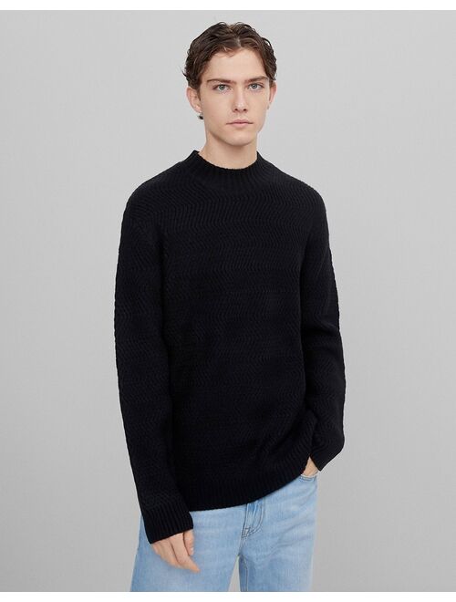 Bershka cable knit turtleneck sweater in black