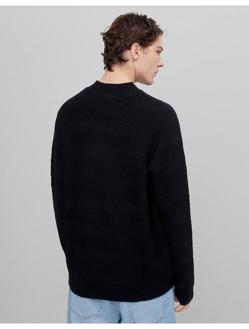Bershka cable knit turtleneck sweater in black
