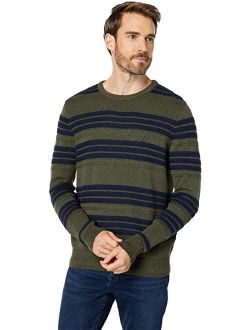 Ribbed-Button Striped Crew Neck Pullover Sweater