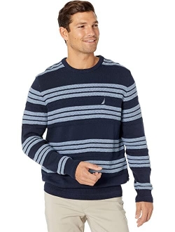 Ribbed-Button Striped Crew Neck Pullover Sweater