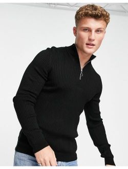 muscle fit knitted sweater in black