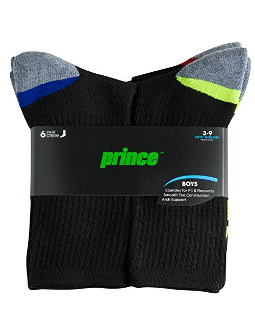 Prince Boys' Crew Length Athletic Socks with Cushion for Active Kids (6 Pair Pack)