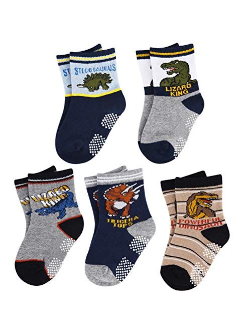OOPOR Kids Cotton Crew Socks with Grip - 5 Pack Boys Girl Winter Athletic Sport Ankle Sock Set 6-12 Year