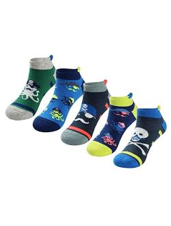 COTTON DAY Boys Ankle Low Cut Athletic Cushion Sole Socks for Little Big Kids 5 Pack