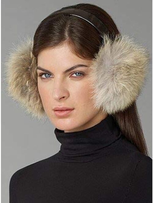 Surell Genuine Soft Beige Coyote Fur Earmuffs with Black Non Adjustable Velvet Head Band - Winter Fashion Ear Warmers - Perfect Elegant Women's Luxury Gift