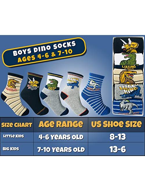 Tiny Captain Boys Dinosaur Socks 4-7 Year Old Best Gift Age 7-10 Boy Cotton Crew Sock 5 Pack Set From Tiny Captain 2 Sizes