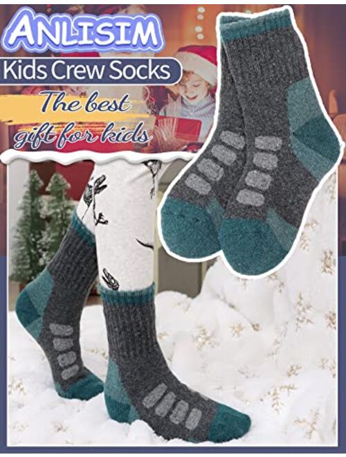 Anlisim Kids Merino Wool Hiking Socks Boys Girls Toddlers Thermal Winter Warm Crew Thick Cushion Gift Socks 6 Pairs
