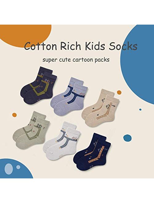 Mardonskey Boys Cotton Crew Socks Kids Seamless Socks Colorful Cartoon Quarter Socks for Boys 6 Pack