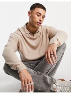 relaxed knitted sweater with revere collar in stone
