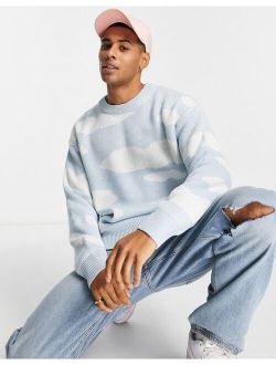 jacquard knit sweater in light blue cloud pattern