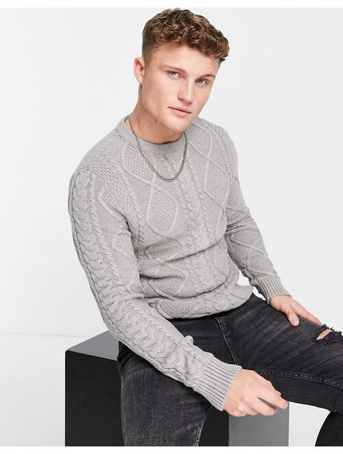 Jack & Jones Premium cable knit sweater in gray