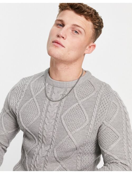 Jack & Jones Premium cable knit sweater in gray