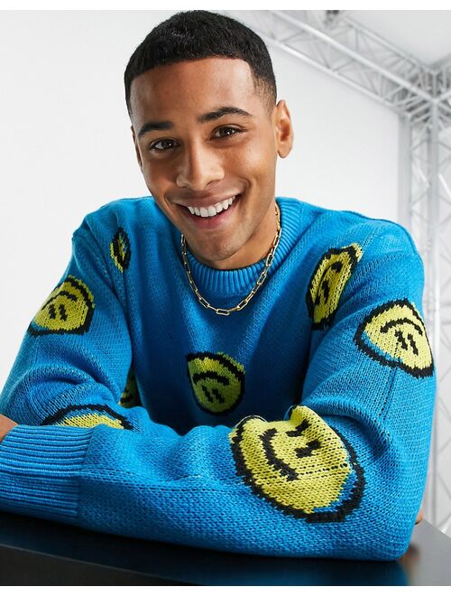 Jack & Jones jacquard knit sweater in turquoise smile pattern
