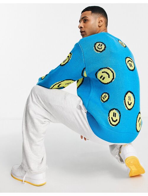 Jack & Jones jacquard knit sweater in turquoise smile pattern