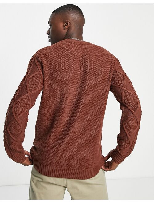 Jack & Jones Premium cable knit sweater in brown