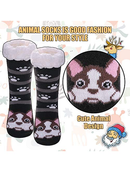 AOXION Kids Boys Girls Christmas Cute Animal Fuzzy Slipper Socks Children Soft Thick Warm Fleece Lined Non-Skid Winter Socks