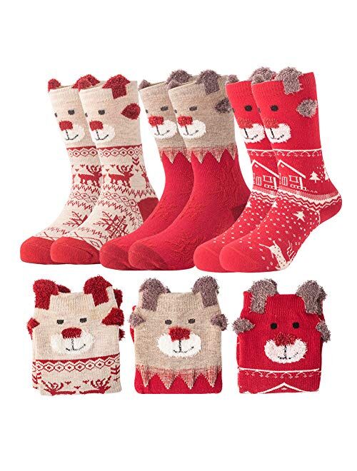 Dejian 3 Pairs Kids Girls Boys Christmas Socks Soft Cotton Christmas Xmas Holiday Cozy Fuzzy Crew Socks with Gift Box