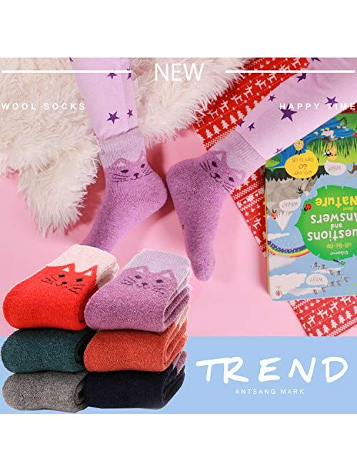 ANTSANG Kids Wool Hiking Socks for Toddlers Boys Girls Winter Thick Warm Heavy Thermal Cozy Crew Boot Socks 6 Pairs