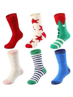 Cottock 6 Pairs Girls Women Fuzzy Socks Anti-Skid Grip Socks, Christmas Socks Warm Winter Socks for Kids Teen Girls Women