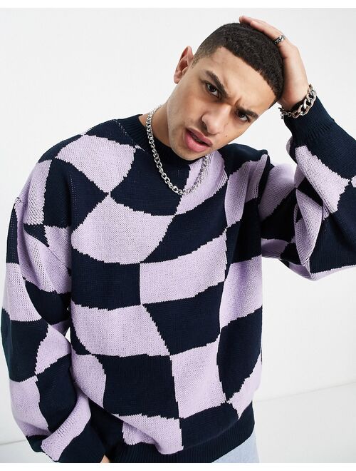Topman oversized knitted sweater with warped checkerboard in navy and lilac
