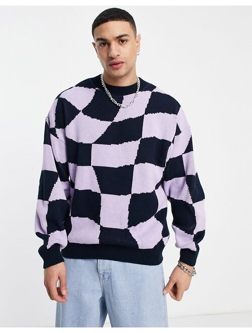 Topman oversized knitted sweater with warped checkerboard in navy and lilac