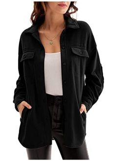 Women's Shacket Jackets Oversized Fleece Button Down Long Sleeve Collar Coat Boyfriend Shacket Shirt Tops