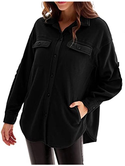 Grace Karin Women's Shacket Jackets Oversized Fleece Button Down Long Sleeve Collar Coat Boyfriend Shacket Shirt Tops