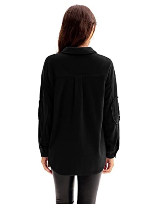 Grace Karin Women's Shacket Jackets Oversized Fleece Button Down Long Sleeve Collar Coat Boyfriend Shacket Shirt Tops