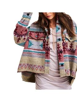 AMEBELLE Womens Aztec Print Shacket Vintage Fringed Wool Blend Shirt Jacket Coat