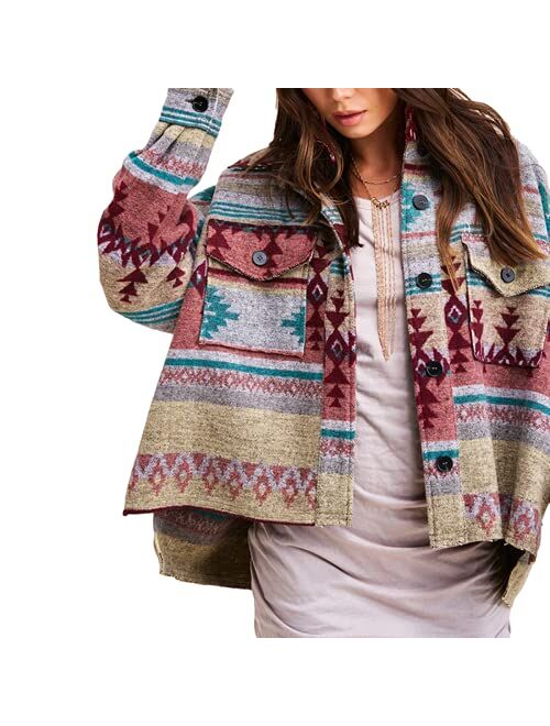 AMEBELLE Womens Aztec Print Shacket Vintage Fringed Wool Blend Shirt Jacket Coat